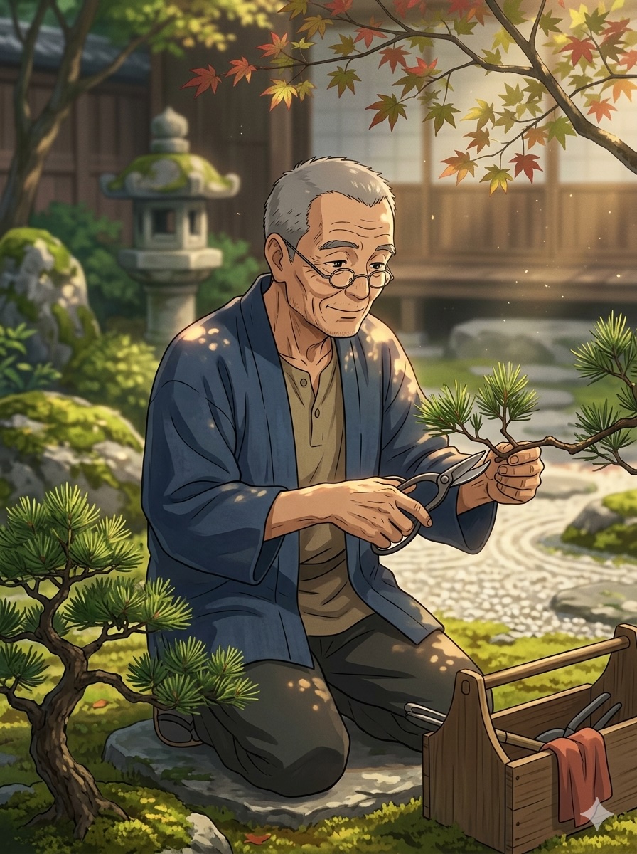 Kenji, a retired garden designer in Kyoto
